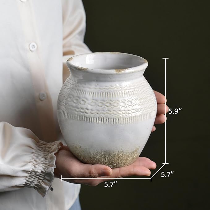 Quoowiit Ceramic Rustic Farmhouse Vase, White Distressed Flower Vase for Home Decor, Boho Decorative Vases for Centerpiece Table Decorations, Vases for Living Room Kitchen Entryway Mantle Shelf Decor-VerdiqueGarden