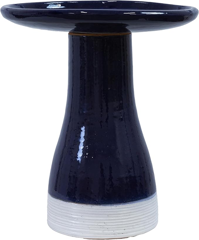Sunnydaze 21" H Ceramic Bird Bath for Outside - Hand-Painted Outdoor Bird Bath Bowl, UV/Frost-Resistant Finish - Midnight Blue - Ribbed Pedestal-VerdiqueGarden