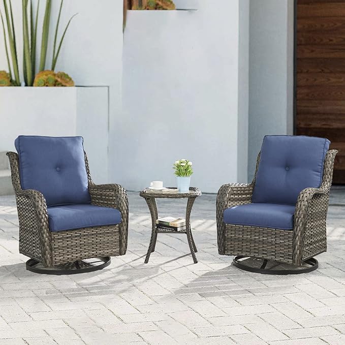 Outdoor Patio Swivel Rocker Chairs - 3 Piece Patio Bistro Set,Wicker Patio Furniture Set with 2 Swivel Rocking Chairs and 1 Glass Top Side Table for Deck Porch Garden,Mixed Grey/Blue-VerdiqueGarden