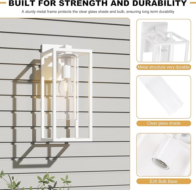 15.7 Inch Outdoor Wall Lights, Outdoor Wall Lantern with Circular Clear Glass Shade, Waterproof Exterior Lighting Fixtures, Modern Front Porch Lighting for House, Garage, E26 Base, ETL Listed, White-VerdiqueGarden