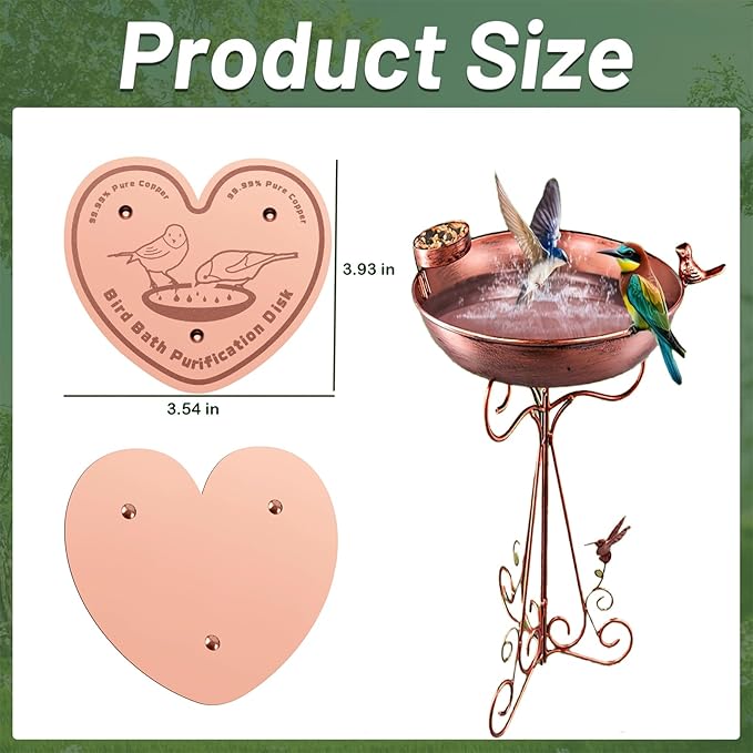 4-Pack 99.99% Pure Copper Bird Bath Purification Disk,Copper Disc with Stable Triple-Point Support,Fits All Outdoor Bird Baths(Heart-Shaped)-VerdiqueGarden