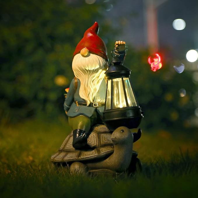 Gnome and Turtle Garden Decor, Large Outdoor Garden Sculptures & Statues, Outside Patio Yard Lawn Decorations, Housewarming for Women, Mom, Grandma with Solar Lantern-VerdiqueGarden