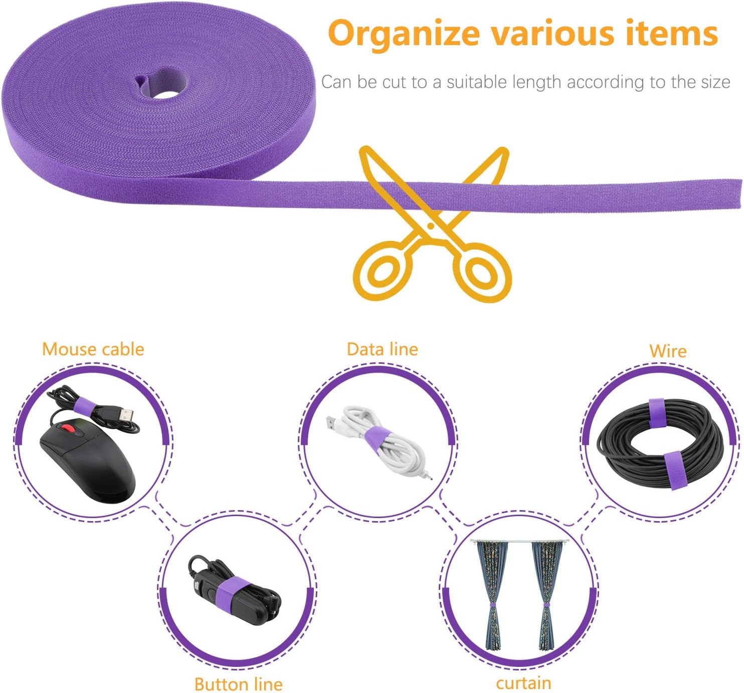 Reusable Fastening Tape Cable Ties 3/4 Inch Double Side Hook Roll (25 Yard, Purple)-VerdiqueGarden
