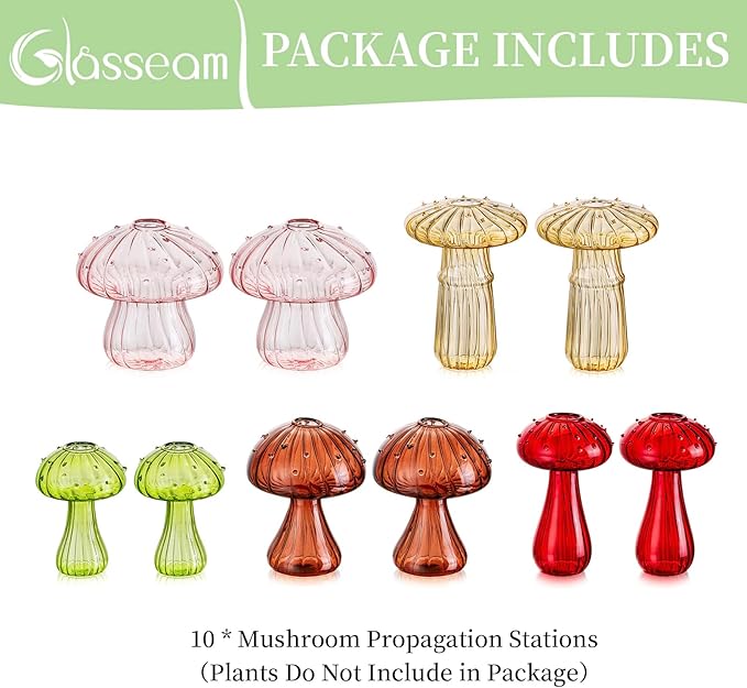 Glasseam Mushroom Planter Propagation Vase, Set of 10 Glass Terrariums for Plants, Cute Hydroponic Small Planter, Colored Propagate Station, Decorative Bud Vases for Flowers, Unique Gifts for Women-VerdiqueGarden