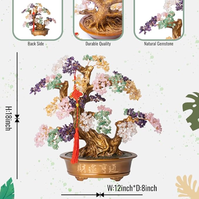 Natural Chakra Gemstone Crystal Bonsai Tree of Life（1,350 Gemstone Count） Large Feng Shui Money Tree for Luck and Wealth Desk Decoration 20 Inches-VerdiqueGarden