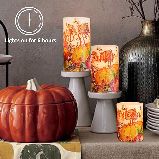 Thanksgiving Blessings LED Candles Pumpkin Glitter Desgin Real Wax Flickering Flameless Fall Harvest Battery Operated with Remote Timer 6H for House Warming Gifts New Home Table Tary Decor-VerdiqueGarden