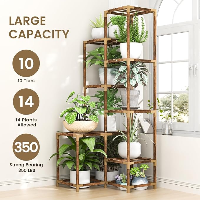 HOMKIRT Tall Corner Plant Stand with Grow Lights, Plant Shelf Indoor for Multiple Plants, Wood Plant Ladder Rack Holder Display Flower Stand for Living Room Balcony-VerdiqueGarden