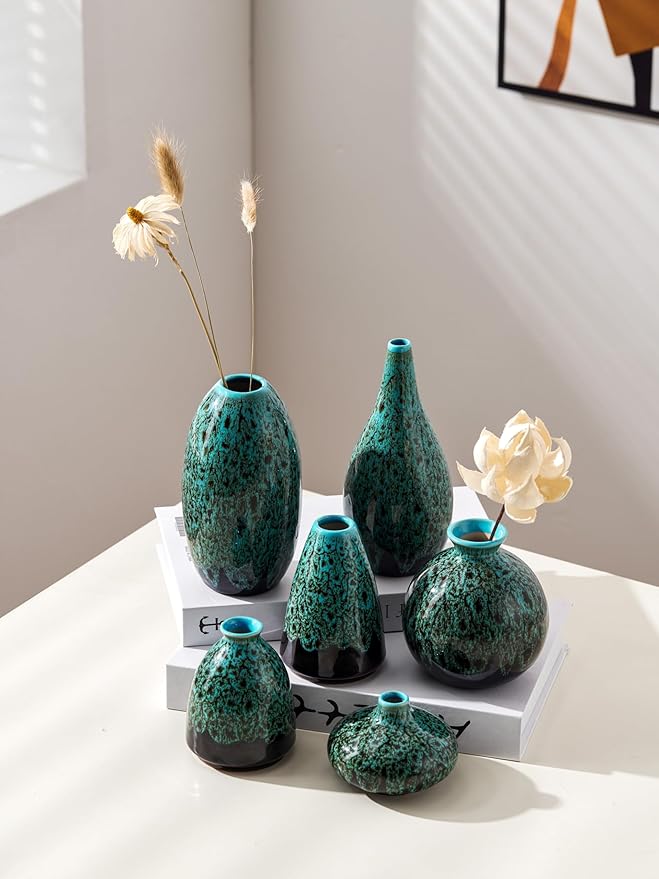 Ceramic Bud Vase Set, Fambe Blue Glazed Finish, Decorative Flower Vases (Blue-Set of 6)-VerdiqueGarden