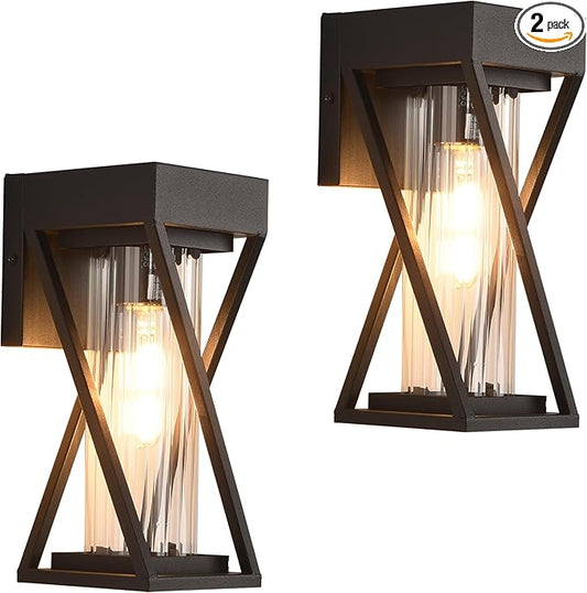 Outdoor Wall Lights Set of 2, Exterior Sconce Lighting Fixtures, Black Outdoor Porch Lights, Outdoor Wall Lantern with Clear Stripe Glass for Patio, Garage-VerdiqueGarden