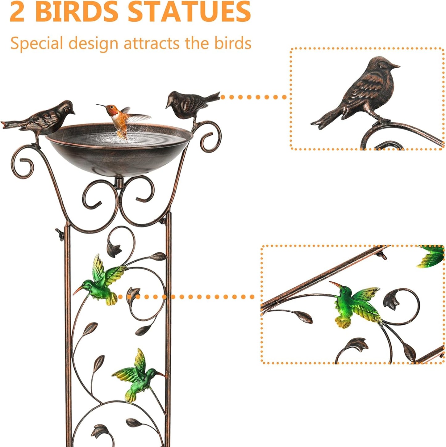 LEWIS&WAYNE Garden Trellis Bird Bath Outdoor, 40 Inch Antique Iron Garden Plant Trellis Decorative with Hummingbirds and Detachable Drinking Basin Bowl, Free Standing BirdBath Birdfeeder Station-VerdiqueGarden