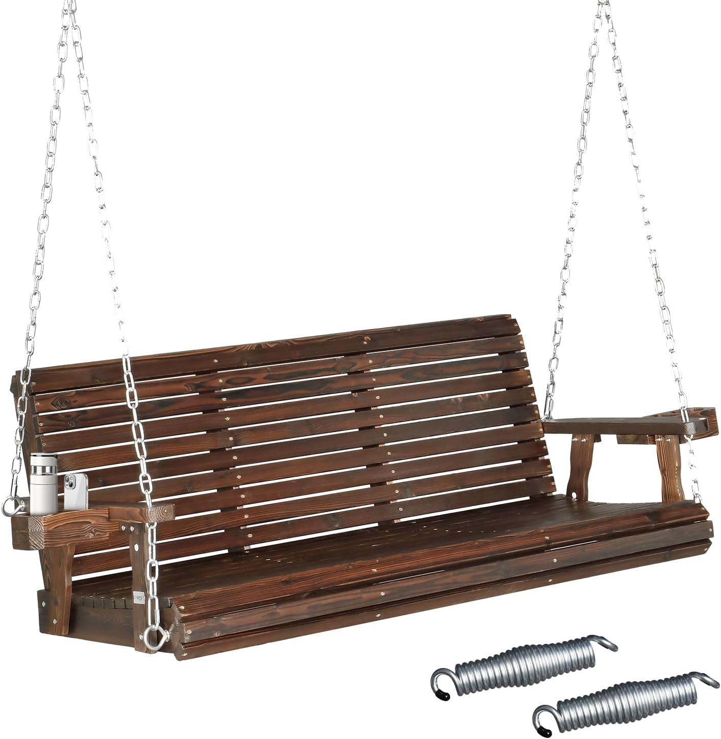 VINGLI XL Size Patio Wooden Porch Swing Outdoor with Cup Holders & Phone Slots, Heavy Duty 880 LBS Hanging Swing Chair Bench with Hanging Chains for Yard, Lawn, Garden (5 FT Pro, Rustic)-VerdiqueGarden