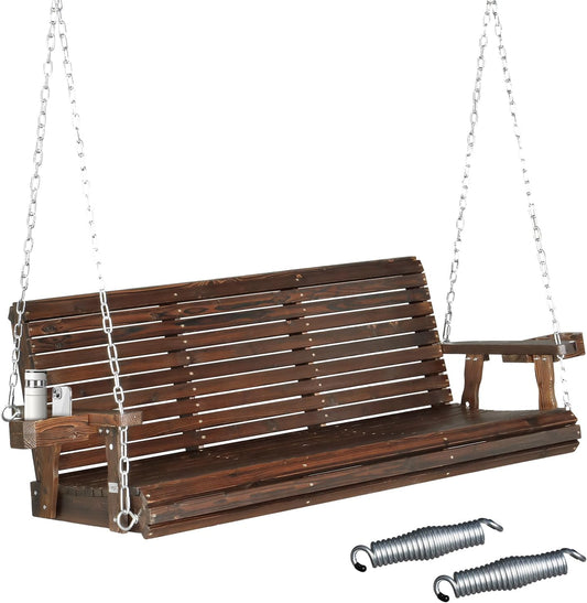 VINGLI XL Size Patio Wooden Porch Swing Outdoor with Cup Holders & Phone Slots, Heavy Duty 880 LBS Hanging Swing Chair Bench with Hanging Chains for Yard, Lawn, Garden (5 FT Pro, Rustic)-VerdiqueGarden