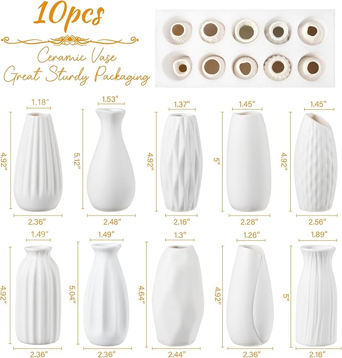 Small White Ceramic Vase Set of 10 - Mini Bud Vases for Flowers and Pampas Grass, Boho Centerpieces for Home and Party Decor, White Vases Home Decor, Ceramic Vase Set for Weddings-VerdiqueGarden