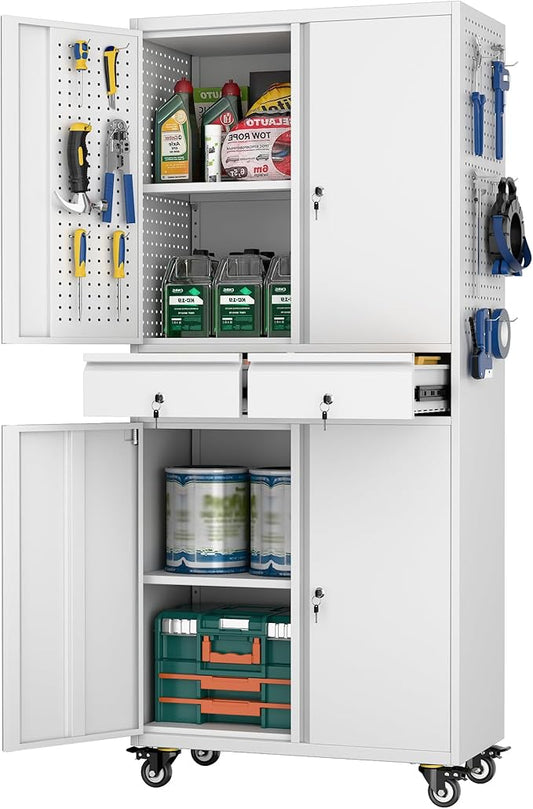 Metal Garage Storage Cabinet with Locking Doors and 2 Adjustable Shelves, Rolling Tool Storage Cabinet with 4 Wheels and 2 Drawer for Garage, Warehouse, White, Assembly Required-VerdiqueGarden