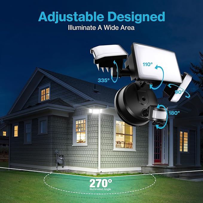 Olafus 65W Motion Sensor Outdoor Light, 2 Pack LED Security Light 6000LM, 6500K Exterior Motion Flood Light with 3 Adjustable Heads, for Outside Garage, Yard, Patio, IP65 Waterproof, Black-VerdiqueGarden