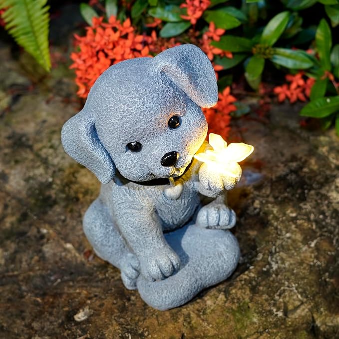 Solar Dog Statue Garden Decor with Butterfly Light – Waterproof Outdoor Yard Art for Patio, Lawn, Balcony for Mother’s Day, Father’s Day, Housewarming, Mom, Dad, Grandma, Men, Women-VerdiqueGarden