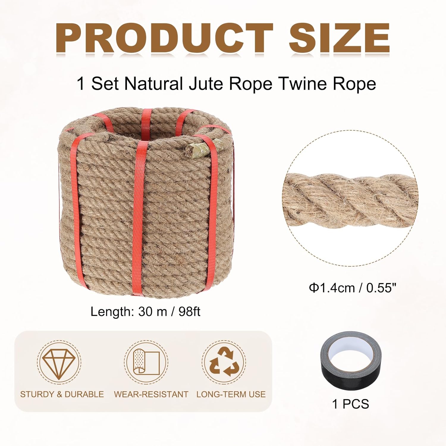 MECCANIXITY Jute Rope 0.55 Inch x 98ft, Thick Twine Rope Ropes Braided Jute Twine Natural Brown Burlap Cord String Heavy Twisted with Tape for Decorative Crafts Railing Swing Tug of War-VerdiqueGarden