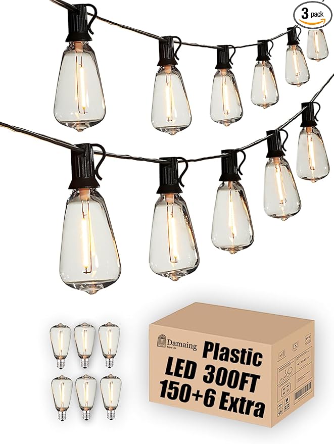 DAMAING String Lights for Outside 300FT shatterproof connectable Patio Lights Outdoor 3 Pack x 100FT with 156 PCS Vintage dimmable LED Edison Bulbs,Waterproof Hanging Lights for Backyard,Deck-VerdiqueGarden