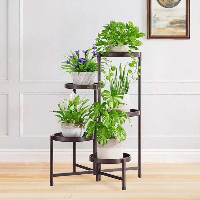 iDavosic.ly 5 Tier Large Plant Stand Indoor, 10 Inch Wide Tall Corner Metal Plant Stands Outdoor for Multiple Plants, Folding Tiered Flower Display Holder Rack Shelf, Violet Bronze-VerdiqueGarden