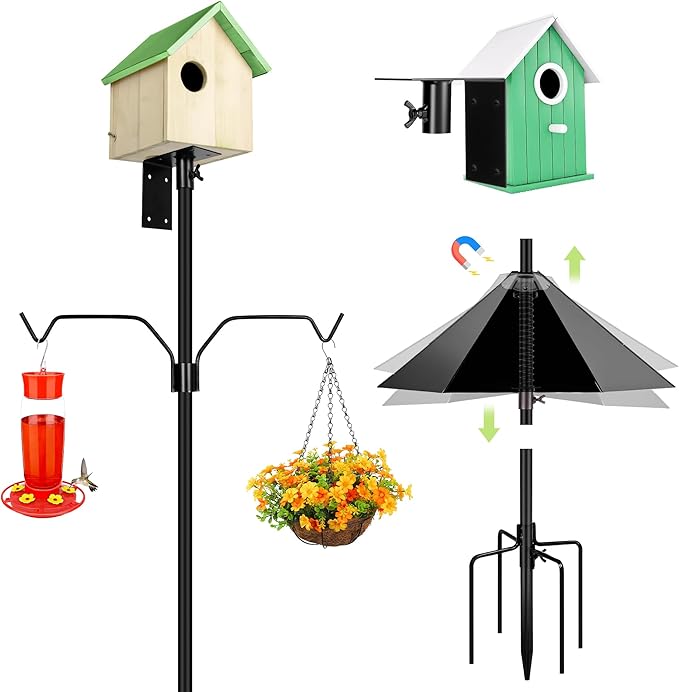 Bird Feeder Pole, 79 Inch Heavy Duty Bird House Pole Mount Kit for Outdoors, Adjustable Feeding Stand, with 2-Hooks, Metal Squirrel Baffle and 5-Prong Base, Black-VerdiqueGarden