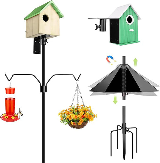 Bird House Pole, 95 Inch Heavy Duty Bird Feeder Pole Mount Kit for Outdoors, Adjustable Feeding Stand, with 2-Hooks, Metal Squirrel Baffle and 5-Prong Base, for Birds Watching-VerdiqueGarden