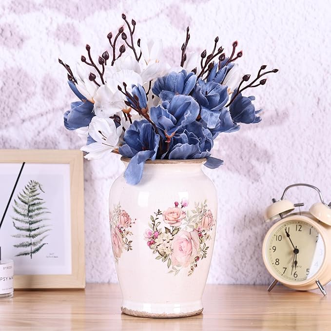 Vintage Vase for Flowers,Pink Chinoiserie Ceramic Vase,Rustic Farmhouse Cracked Vases,for Flower Arrangement,Living Room, Office, Shelf, Fireplace Tables,Centerpieces,Chinoiserie Pottery Decor(A)-VerdiqueGarden