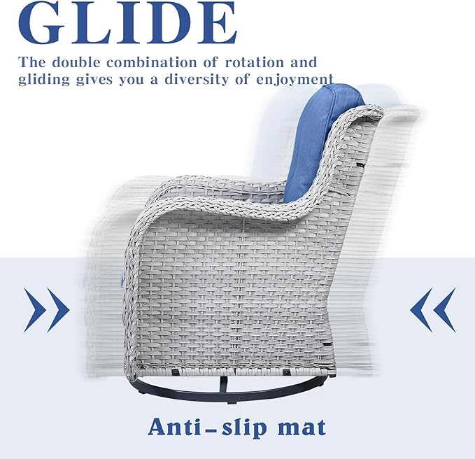 Outdoor Swivel Rcoker Patio Chairs - Outdoor Swivel Patio Chairs Set of 2 Wicker Chair Patio Furniture Sets with Covered Cushion for Porch Deck Balcony Garden, Blue Cushion-VerdiqueGarden