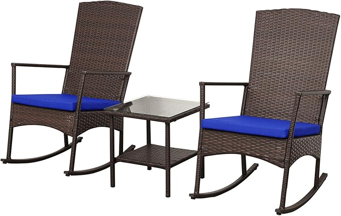 Outdoor Rocking Chairs Set - 3 High-Backed Patio Rockers with Bistro Table & Anti-Slip Cushions, Dark Blue-VerdiqueGarden