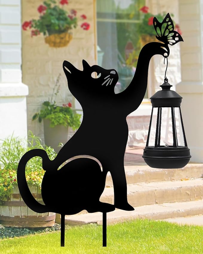 Solar Lights Outdoor Garden Decor - Black Cat Figurine Light Stake with Butterfly Decorative Metal Housewarming Ornament for Yard Pathway Lawn Patio – Unique Gift Ideas for Christmas-VerdiqueGarden