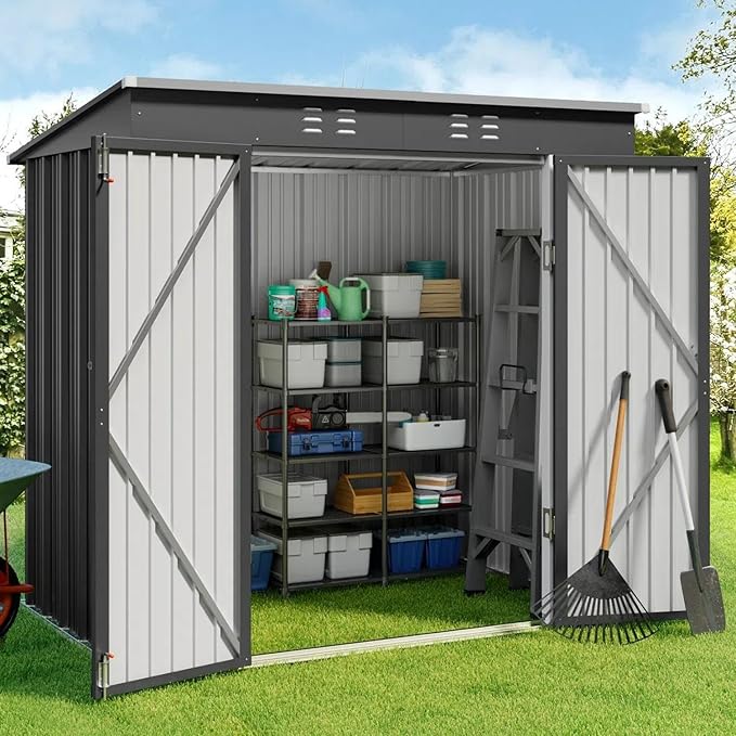 Gizoon 6' x 4' Outdoor Storage Shed with Double Lockable Doors, Anti-Corrosion Metal Garden Shed, Waterproof Shed Outdoor Storage Clearance for Backyard Patio Lawn-Dark Gray-VerdiqueGarden