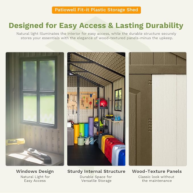 Patiowell 8 x 6 FT Plastic Outdoor Storage Shed with Floor, Resin Shed with Window and Lockable Door for Garden, Backyard, Tool Storage Use, Easy to Install in Brown (Kick-it Shed)-VerdiqueGarden