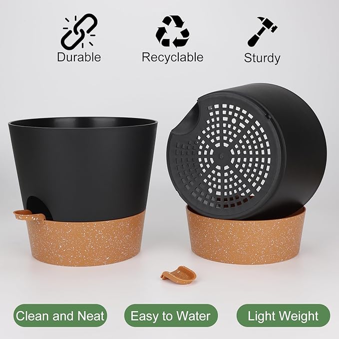 10-Inch Plant Pots, Self-Watering Planters with Drainage Holes & Saucers for Indoor and Outdoor Plants (2-Pack, Black)-VerdiqueGarden