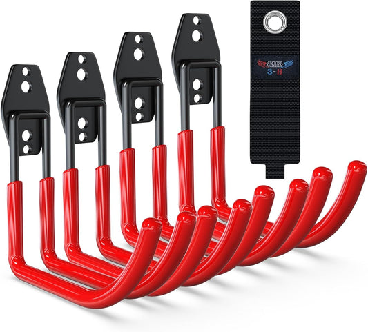 3-H Large Garden Hose Holder Wall Mount 4 Pack,Solid Steel Hose Hanger,Water Hose Holders for Outside,Perfect for Hanging Outdoor Air Hose,Ropes,Pipes,Garden Tools,Ladders,Bikes,Bulk Items(Red)-VerdiqueGarden