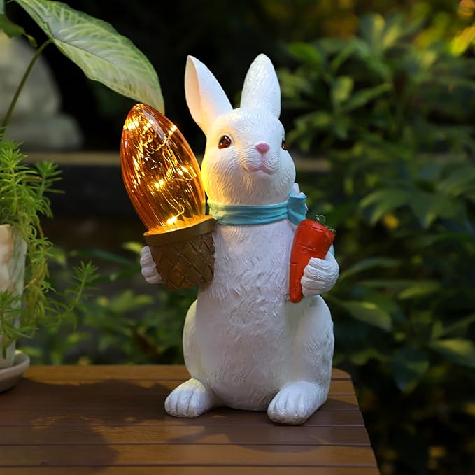 Garden Statues Rabbit with Solar Lights-Easter Bunny Outdoor Decor for Lawn,Balcony-Yard Garden&Patio Decor-Unique Gift for Mom Grandma,Unique Housewarming Gifts and Rabbit Yard Decoration-VerdiqueGarden