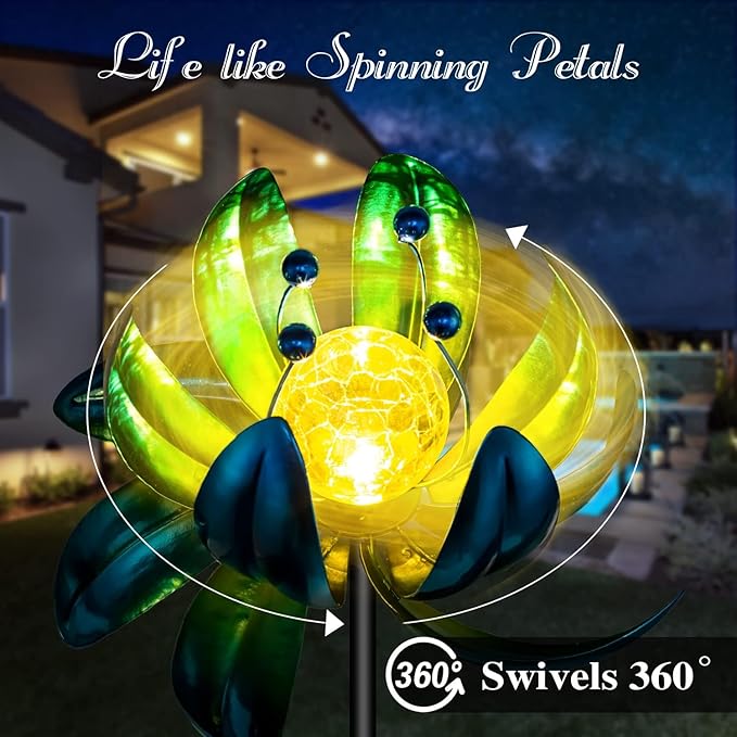 Solar Garden Lights Metal Flower Decor, Colorful Spinning Windmill Lotus Pathway Ligths with LED Cracked Crystal Ball Outdoor Decorative Stake Lighting Waterproof Flower Sculpture for Patio Yard-VerdiqueGarden