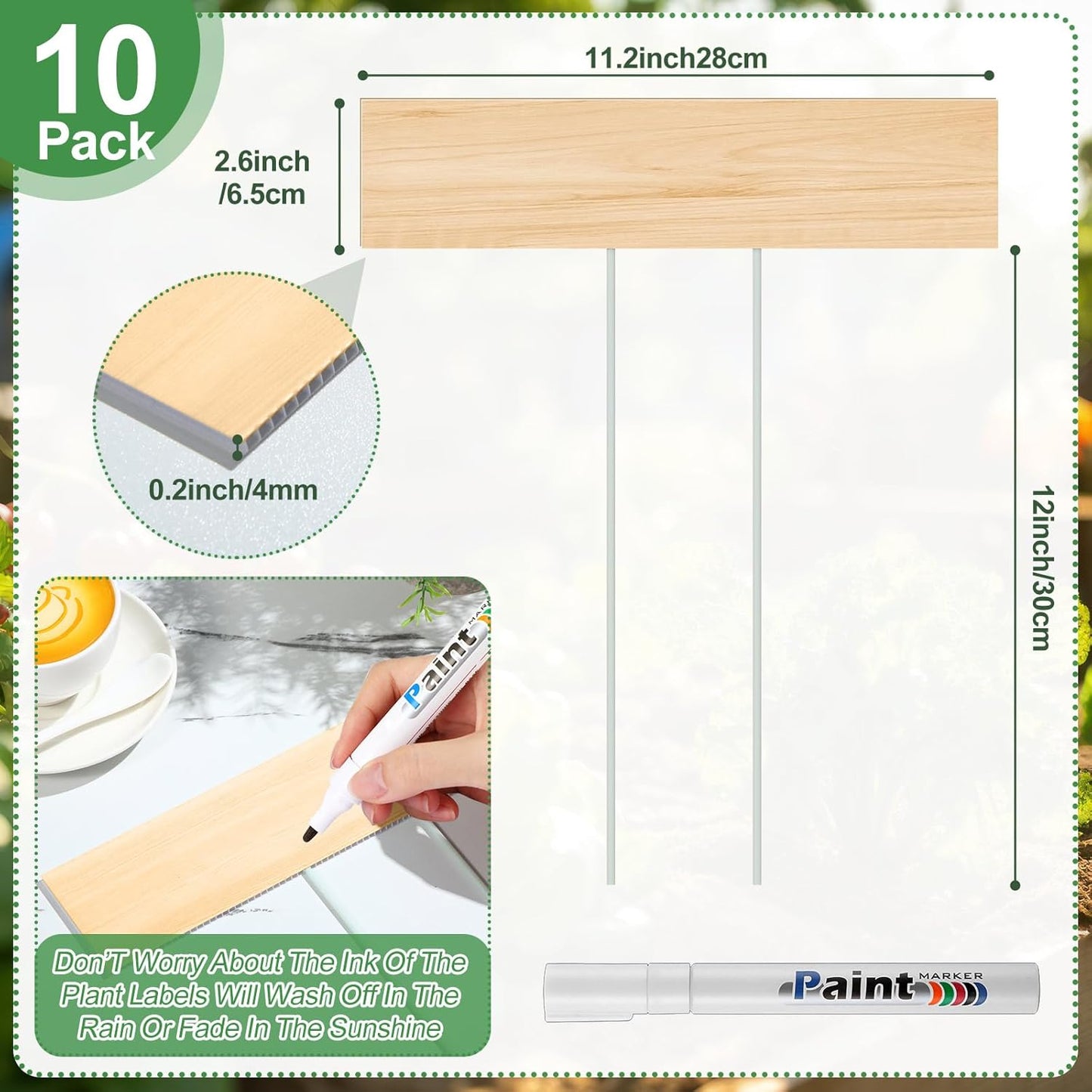 10 Set Jumbo Outdoor Plant Label Stakes Waterproof Nursery Garden Markers Plastic T Type Plant Tag Identification Stake with Marker Pen for Herb Vegetable Flowers, 12" High(Wood Color)-VerdiqueGarden