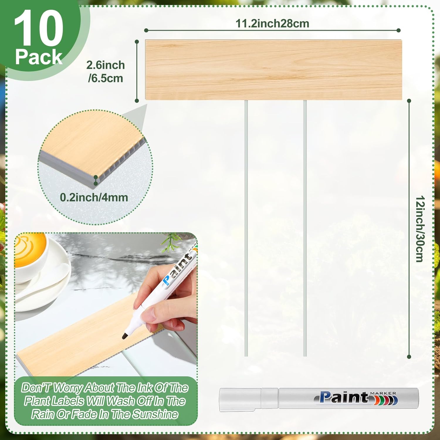 10 Set Jumbo Outdoor Plant Label Stakes Waterproof Nursery Garden Markers Plastic T Type Plant Tag Identification Stake with Marker Pen for Herb Vegetable Flowers, 12" High(Wood Color)-VerdiqueGarden