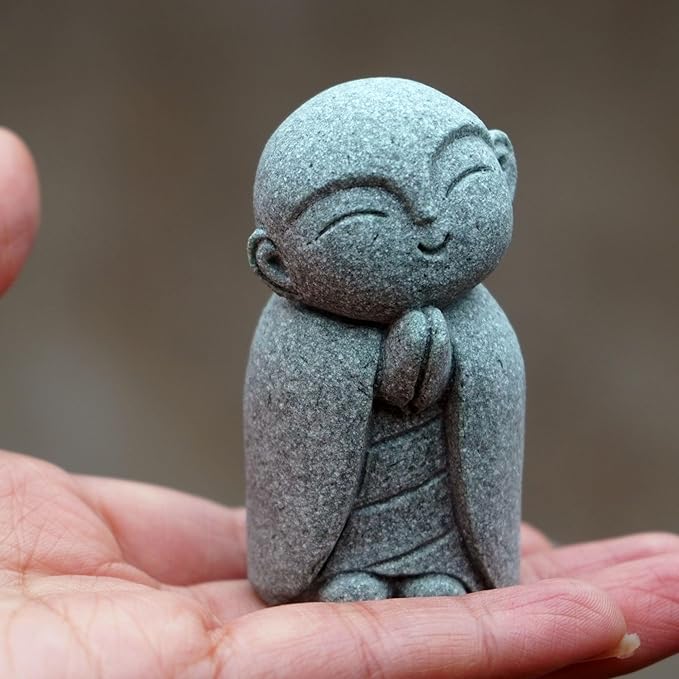 OwMell Japanese Jizo Monk Statue Praying, Buddha Jizo Statue Figurine Memorial Statue Aquarium Decoration for Garden Outdoor Ornament 2.6" - Tilting Head-VerdiqueGarden