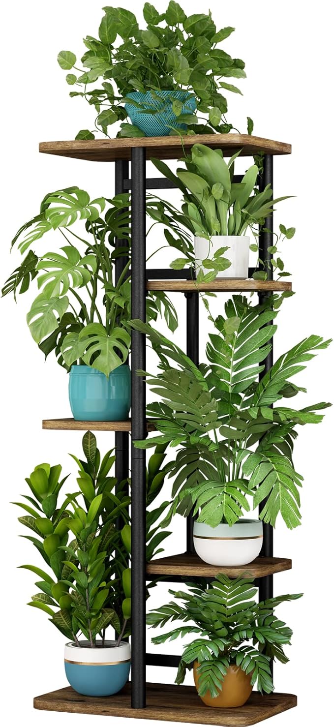 LINZINAR Plant Stand 5 Tier 6 Plant Multiple Flower Rack Holder Shelves Rack Storage Organizer Display Indoor Planter for Balcony Bedroom Patio Garden Living Room, Black-VerdiqueGarden