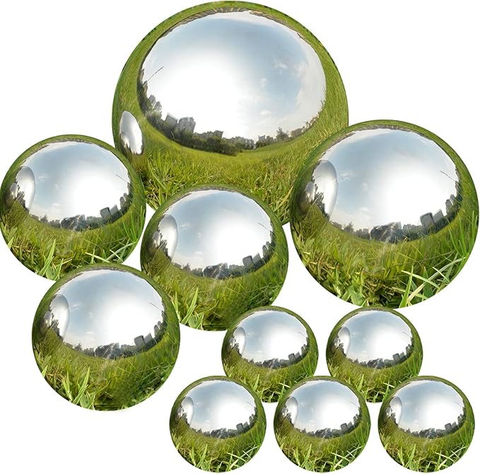 Nerien Gazing Ball, Stainless Steel Garden Mirror Globe, Polished Ornament Sphere, Hollow Floating Reflective Hemisphere, for Home Outdoor Pond Housewarming Swimming Pool Decoration, Silver, 10Pcs-VerdiqueGarden