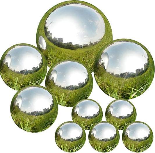 Nerien Gazing Ball, Stainless Steel Garden Mirror Globe, Polished Ornament Sphere, Hollow Floating Reflective Hemisphere, for Home Outdoor Pond Housewarming Swimming Pool Decoration, Silver, 10Pcs-VerdiqueGarden