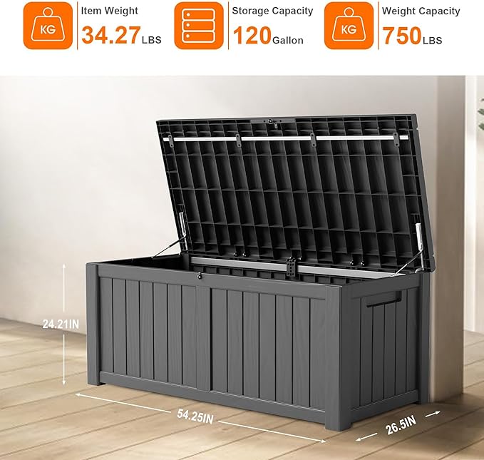 120 Gallon Resin Deck Box, Lockable Patio Outdoor Storage Box for Furniture, Garden Tools and Tools Storage, Waterproof Outside Storage Boxes - Black-VerdiqueGarden