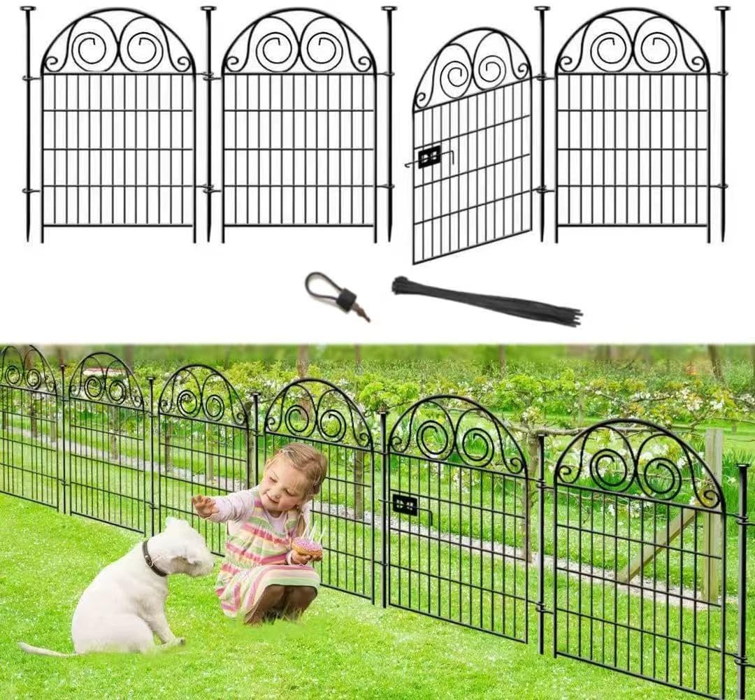 Tall Garden Fence with Gate, 40 Inch(H) 4 Panels Total Length 8.8 Ft Dog Fences Outdoor for Yard, Black Metal No Dig Fencing for Dogs, Reusable Decorative Fence for Garden│Patented-VerdiqueGarden