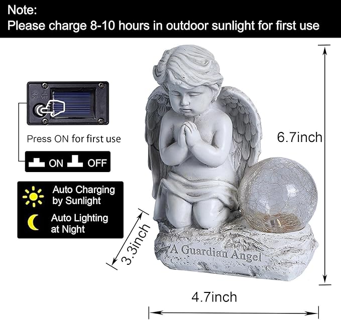 Angel Decor Praying Cherubs Statue, Garden Decor with Solar Crackle Glass Globe for Lawn Patio Decorations-VerdiqueGarden