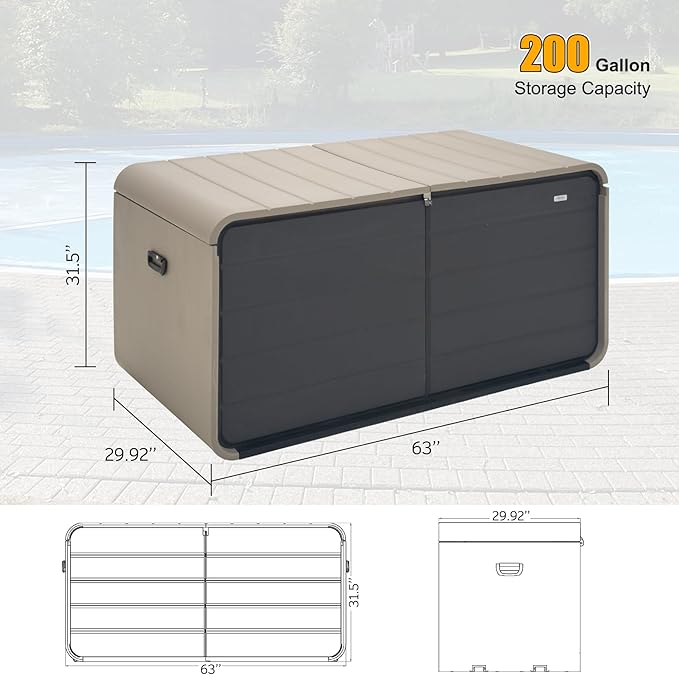 Domi 200 Gallon Resin Deck Box, Waterproof & UV-Resistant Outdoor Large Storage Box Lockable Storage Bin for Patio Cushions Pool Supplies Garden Tools and Delivery Storage-VerdiqueGarden