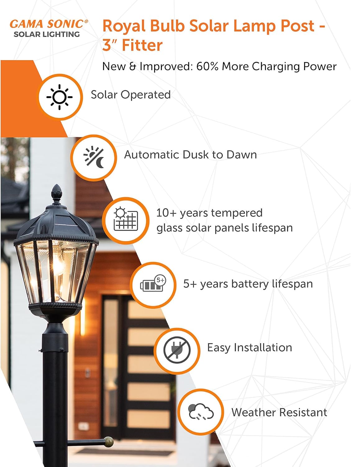 Gama Sonic Outdoor Solar Post Light, Black Aluminum, Royal Bulb, Rain Water Glass, Single Lamp with 3-inch Fitter for Lamp Posts Warm White LED, 98B012 (Upgraded Panel and Battery)-VerdiqueGarden