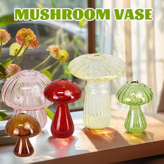 5 Pcs Mushroom Glass Planter for Plants, Stylish Unique Mushroom Vase for Home Decoration,Colorful Propagation Jars,Ideal Gardening Companion and Creative Floral Arrangement-VerdiqueGarden