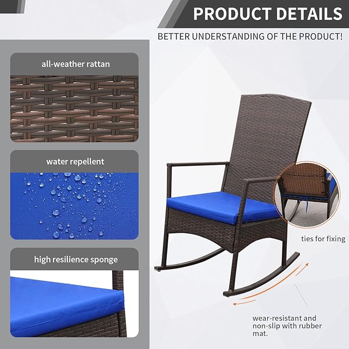 Rocking Chair Outdoor 3 Pieces High-Backed Patio Rocking Chairs Bistro Table and Chairs Set of 2, Royal Blue-VerdiqueGarden