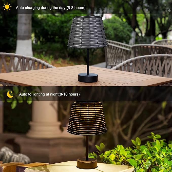 Solar Rattan Woven Desk Lamp, Outdoor Table Lamps for Patio, Garden, Bedroom, Living Room (Black)-VerdiqueGarden