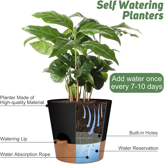10-Inch Plant Pots, Self-Watering Planters with Drainage Holes & Saucers for Indoor and Outdoor Plants (2-Pack, Black)-VerdiqueGarden